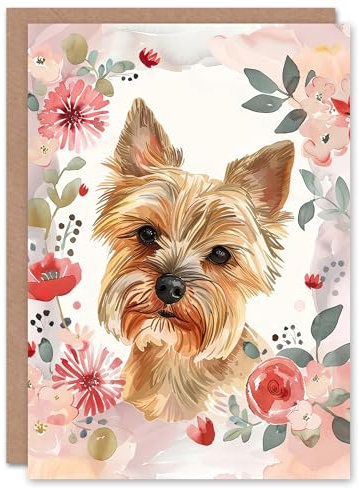 Artery8 Greeting Card Cute Teacup Yorkshire Terrier Dog Pink Floral For Her Woman Birthday Card