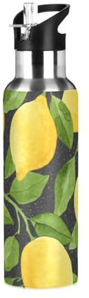 Yopersonalizes Insulated Water Bottle with Straw 1 L/32 oz Yellow Lemon Stainless Steel Sports Water Bottles Leakproof Hot Cold Metal Drink Flask for Travel Gym