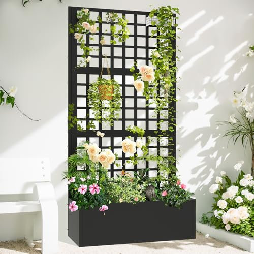 Toriexon Metal Planter with Trellis 72 x 36’’ x 16, Raised Garden Bed with Trellis, Planter Box with with Privacy Screen for Climbing Plants, Flowers, Vegetables, Fruits