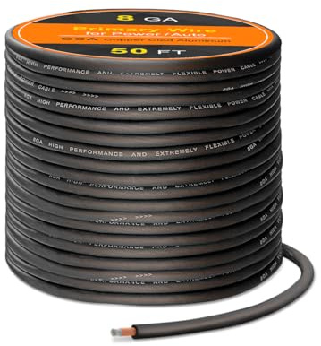 8 AWG Black Battery Cable, 50FT 12V CCA Wire for Car Audio Speaker, Silicon Flexible Electrical Wire for Automotive Car Amplifiers Low Voltage Power Cable 15.5m (Black)