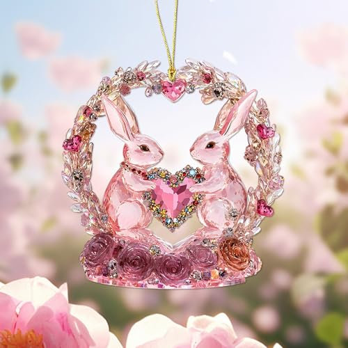 Valentinstag Deko-Ornamente, Rosa Hasen aus Acryl, Hängende Baum-Dekorationen für Zuhause und Auto, Romantische Geschenkidee (C)