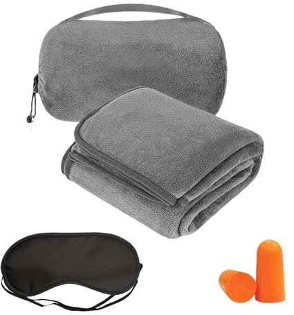 Manta Viaje,Manta de Viaje Ultraligera,Manta de Viaje 2 en 1,Manta De Viaje Plegable,Manta de avión,con Tapones para los oídos y Antifaz, Utilizado en Coches, Aviones, Camping, Viajes, etc. (Gris)