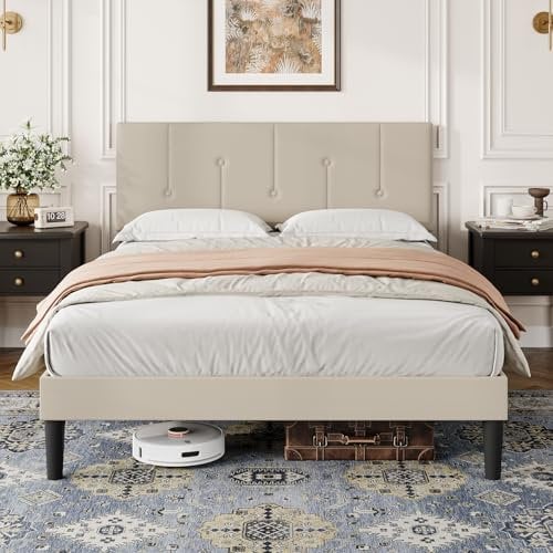 Vesgantti Double Bed Frame with Adjustable Linen Headboard, Solid Wooden Slats & Upholstered Platform, Easy Assembly, No Box Spring Needed, Under Bed Storage, 4FT6 Double Bed, 135 x 190 cm, Beige