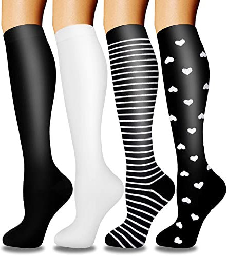 ACTINPUT 4 Paar Kompressionsstrümpfe für Damen Herren, Bunte Stützstrümpfe Kompressionssocken für Sport, Flug, Laufen, Reisen, Radsport, krankenschwester(4116 - Schwarz,S-M)