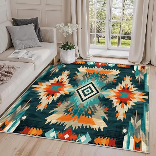 AUWUUA 160 x 230 cm Teppich, Aztekenteppich, waschbarer, Rutschfester Teppiche für Wohnzimmer, Schlafzimmer, Indianer-Südwest-Stil, geometrisch-Abstrakter Stammesteppiche