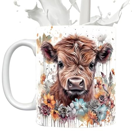 Highland Kuh Coffee Mug, Hochland Kuh Tasse | 11 oz 3D Tier Blume Becher, Keramik Tasse für Frauen süße schottische Blume