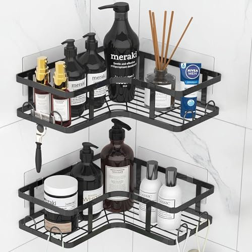 Viyohoh Corner Shower Caddy, 2 Pack Shower Organizer with Large Capacity, Drill-Free Adhesive Bathroom Shelves with 4 Movable Hooks(Black)