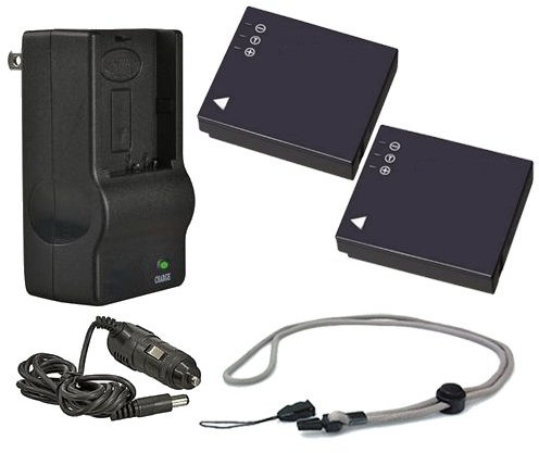 Lot de 2 batteries haute capacité + chargeur de voyage AC/DC compatible avec Nikon CoolPix P90 + cordon tour de cou Krusell Multidapt (finition noire)