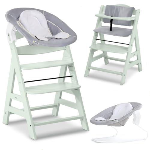hauck Hochstuhl Alpha+ Newborn Set mit 2in1 Bouncer - Mitwachsender Holz Babyhochstuhl ab Geburt, inkl. Sitzauflage & Neugeborenenaufsatz - Mint