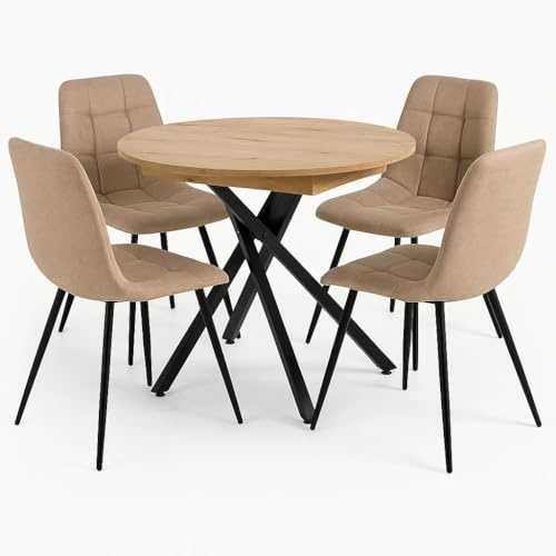 MOMMA HOME Mesa de Comedor Redonda Extensible + 4 sillas en Tela Estilo Industrial Comedor, Mesa Roble con Patas metálicas combinación, Madera y Metal, marrón