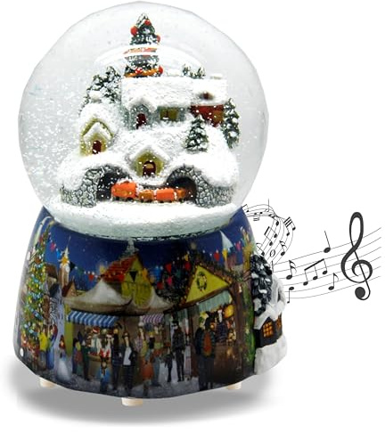 Schneekugel Weihnachten Spieluhr | Berglandschaft mit Zug | B. 10cm | 20063 | Winterlandschaft Sockel | mit Musik | Weihnachtsdekoration | Schüttelkugel | Weihnachtsmelodie | Höhe: 14cm