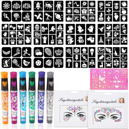 Penne Glitter Tatuaggi per Bambini con 6 Pennarelli Glitter, 16 Stencil Carini, 2 Glitter Viso, Festa Giocare Disegnare Tatuaggi Bambini, Gadget Compleanno Bambina, Regalo Bambina 5 6 7 8 9 Anni