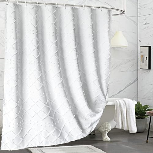 Aeici Rideau de Douche Anti-Moisissure 183x198 | Tissu Blanc Lavable | Tissu lourd hydrofuge de style bohème épuré. Lestage optimal à la base, éviter que le rideau ne colle à la peau sous douche.