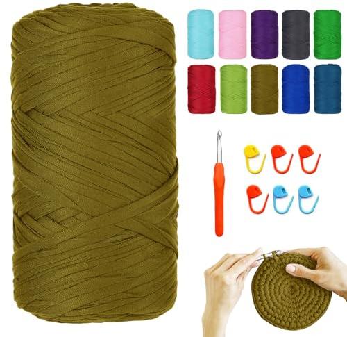 YushengTai Textilgarn, 400G/120M Textilgarn zum Häkeln Mit 9,0 mm Häkelnadel, Häkelgarn Tshirt Garn Für Taschen, Körbe, Decken, Heimdekoration (Generalgrün)