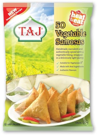 Taj Vegetable Samosa 50's 1750g Crispy Golden Indian Snack Filled with Spiced Potatoes, Peas Frozen Ready to Cook Treat No Artificial Colors Pack of 1