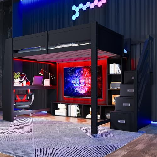 BTM Gaming Hochbett 140x200 mit Treppe, Schreibtisch Rausfallschutz Schwarz