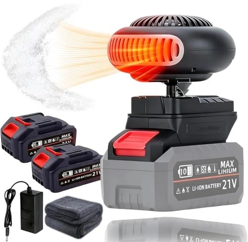 Auto Heizung mit Akku, akku heizlüfter, Tragbare 170W Auto Heizung mit 2 Stufen (30-80°C), Kabellos für Auto, Büro & Zuhause, Überhitzungsschutz & Kippschutz, für Büro, Auto (2battery)