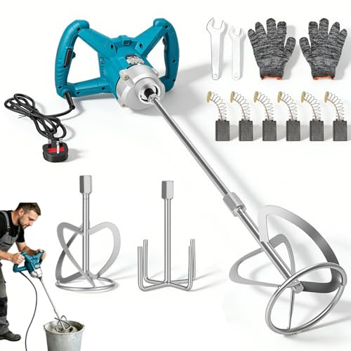 Cement Mixer 3200W Electric Concrete, Plaster Paddle Mixer Mortar Paint Mixer with 6 Speed, Lock Switch, Max 1200 RPM, 2 Mixing Paddles, Portable Concrete for Mixing Fodder Mud Mortar