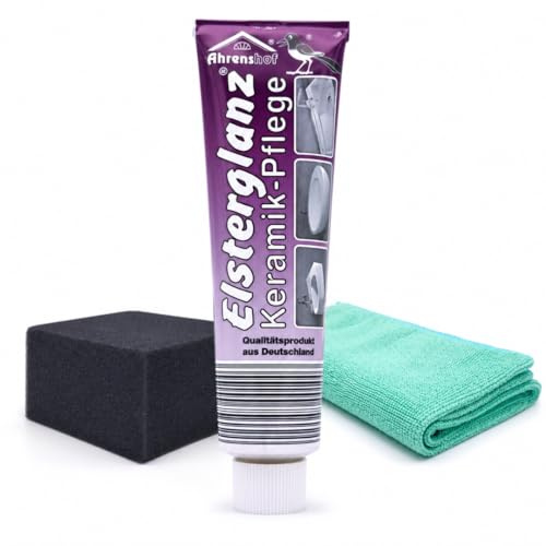 WEVOH Elsterglanz Keramik-Pflege Set 150 ml mit Polierschwamm & Mikrofasertuch – Keramikreiniger & Politur säurefrei, materialschonend für Waschbecken, Spüle, Badewanne, Küche & Bad