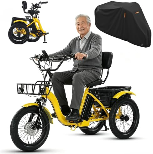 18 Tum Elektrisk Lastcykel Trehjulig, Feta Däck, Fram- och Baklastkorg, Skivbromsar, Digital LCD-Skärm + 600D Dammskydd för Daglig Körning och Utomhusaktiviteter Yellow