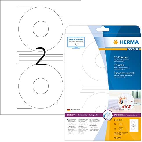 HERMA 5079 CD DVD Etiketten inkl. Zentrierhilfe blickdicht, 800 Blatt, Ø 116 mm, 2 pro A4 Bogen, 1600 Stück, selbstklebend, bedruckbar, matt, blanko Papier Klebeetiketten Aufkleber, weiß