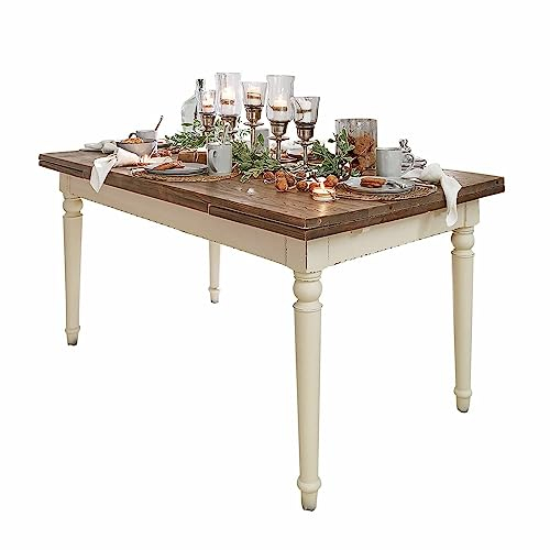 Loberon Tisch Bradford, ausziehbar, gedrechselte Beine, zweifarbig, mit Vintage-Finish, Landhaus-Stil, Esstisch, Ulmenholz, Pappelholz, weiß/braun