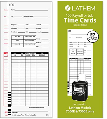 Lathem Universal Payroll/Job Time Cards, White, 100 Pack (E79-100)
