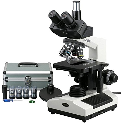 AmScope T390B-PCT Professional Compound Trinocular Microscope, 40X-2000X Magnification, WF10x and WF20x Eyepieces, Brightfield and Phase-Contrast, Halogen Illumination, Abbe Condenser, Double-Layer Mechanical Stage, 110V-220V Auto-Switching, Includes 4 Phase-Contrast Objectives with Turret