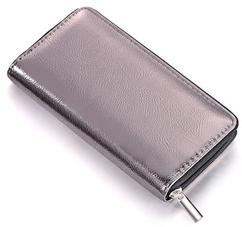 Damen Geldbörse weich im Metallic-Look mit Reißverschluss Portemonnaie in Grau 20 x 10 x 2,5 cm