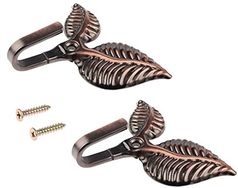 Hicello 2Pcs Red Copper Curtain Brass Tiebacks, Leaf Design Tie Back Hooks for curtains, Vintage Curtain Tieback Hooks, Tieback Hold Back Hooks for Kitchen Bedroom Living Room Bathroom - Screw in