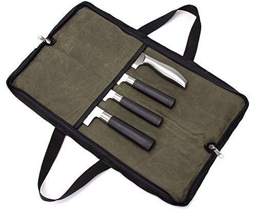 QEES Knife Roll,Heavy Duty Knife Bag,Waxed Canvas Knife Case with 4 Slots for Knives & Kitchen Tools,Chef Knife Bag with Handle.Portable Knife Roll Bag for Chefs Culinary Traveling.Knives Pouch