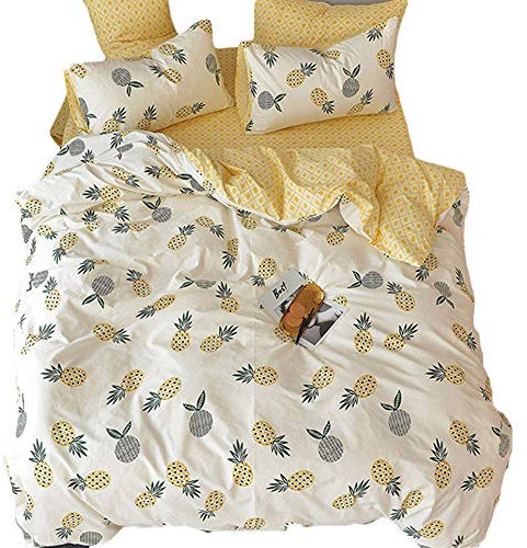 Girls Duvet Cover Sets Double Bedding Yellow Pineapple Bedding Set Decorative Microfiber Polyester Bedding &Linen with 2 Pillow Shams, Soft Fruit Print for Kids Boys 3 Pieces,Zipper Cute Lovely