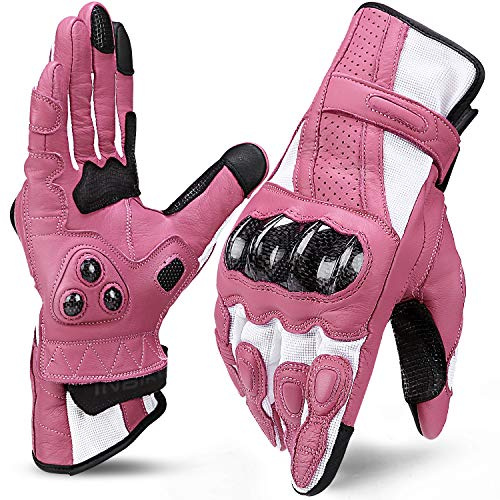 INBIKE Leather Motorcycle Gloves with Carbon Fiber Hard Knuckle Touch Screen for Women Pink Large