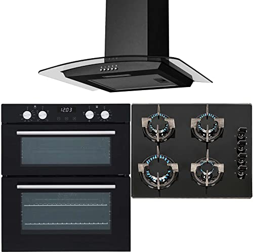 SIA 60cm Double Electric Fan Oven, 4 burner Gas Hob And Curved Glass Cooker Hood