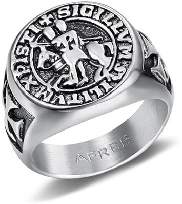 BOBIJOO JEWELRY - Bague Chevalière Sceau Templier Christ Croix Sigillum Militum Xpisti Acier Argenté Noir - 23,2 (14 US)
