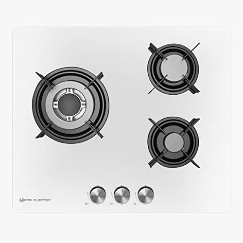 EAS ELECTRIC SMART TECHNOLOGY | EMH363CGBW | Plaque de cuisson à gaz | Verre blanc | 60 cm | 3 feux | Gaz butane et gaz naturel | Auto-allumage | Feu triple flamme | Grilles en fonte
