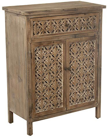 DRW Beistelltisch mit 1 Schublade und 2 Holztüren geschnitzt: MDF und Fichte in Natur, 74 x 36 x 96 cm