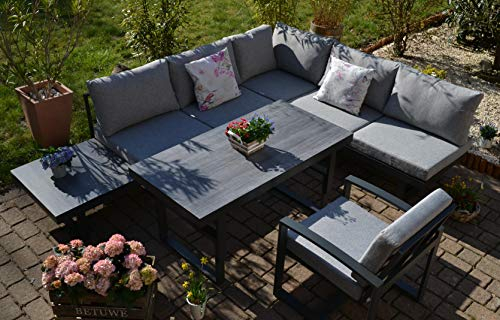 Bomey Ecklounge Santorini mit HPL Terrassentisch + 1 Lounge Sessel (hell/mittelgrau) I Gartenmöbel-Set bestehend aus Gartensofa, höhenverstellbarer Alu-Tisch + 1 Lounge-Stühle I Moderne Gartengarnitur