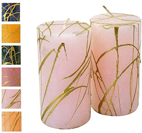 Adventskerzen m. goldenem Muster – 2 Stück - Rustikale Oberfläche - Kerzen/Stumpenkerzen - Weihnachten/Weihnachtskranz/Adventskranz (Softrosa, Höhe: 11cm / ⌀ 6cm - 2 Stück)