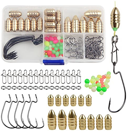 Fishing Sinkers Set with Brass Sinker Weights Jig Hooks Swivel Ring Connector Assorted Tackles Texas Rig Kit for Freshwater Saltwater Bass Fishing (80pcs/box)