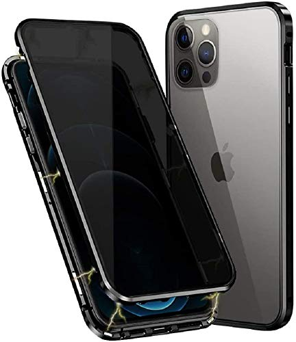 Anti-peep Magnetische Handyhülle für iPhone 12/iPhone 12 Pro,360 Grad Magnetische Adsorption Metallrahmen Schutzhülle Anti-Spy Gehärtetem Glas Privacy Screen Schutz Case Anti-Spähen Flip Cover,Schwarz