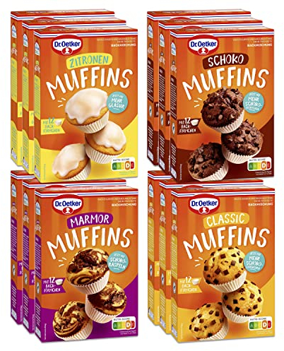 Dr. Oetker Muffins im 12er Probier-Set – Backmischungen für Rührteig Schoko, Marmor, Zitrone und klassisch mit Schokostückchen, zum Zubereiten von 12 Cupcakes pro Pack, inkl. Papierbackförmchen
