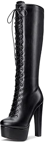 Castamere Donna Plateau Stivali Metà Polpaccio Cerniera Lacci Boots Tacco a Blocco 15CM High Heels Nero Opaco Scarpe EU 36