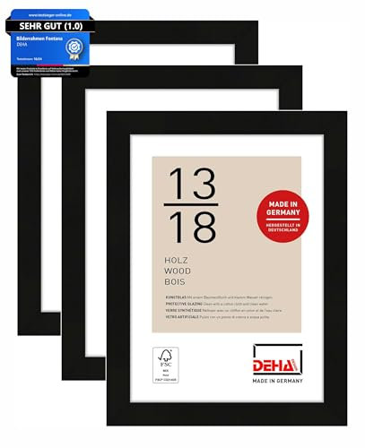 DEHA Design Bilderrahmen, 13 x 18 cm (3er Set), Holz, Schwarz, Fotorahmen zum Auftstellen im Hoch- & Querformat, bruchsicheres Kunstglas, Fontana