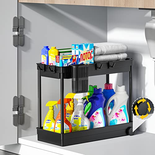 ASOBEAGE Küchenorganizer: 2 Etagen, unter der Spüle und Schrank Regal mit Haken, Gewürzregal, Geschirrspüler Veranstalter, Pull-out-Design, starke Speicherkapazität (Schwarz)