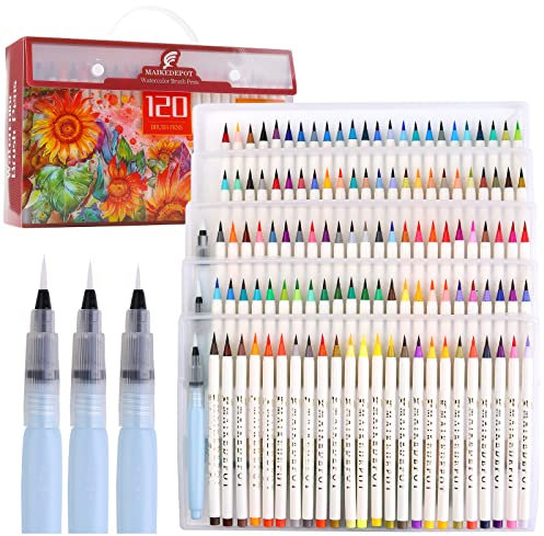 MAIKEDEPOT Brush Pen Set, 120 Farben Aquarellstifte, 3 Wasserstifte, Pinselstifte mit flexiblen Nylonspitzen Handlettering Stifte Wasserfarben Stifte Set für Kalligraphie, Handlettering, Malen