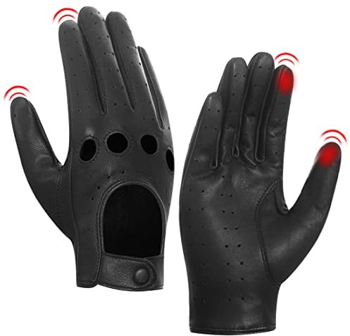 Harssidanzar Damen Leder Fahrhandschuhe, Sommer Leder Touchscreen Fahrhandschuhe, ungefüttert, Lammfellhandschuhe, Damen Lederhandschuhe GL009EUA,Schwarz, Größe M