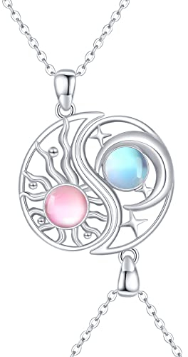 2 Stücke BFF Halsketten Mond Sonne 925 Sterling Silber Schwestern Halskette Runden mit Mondstein Sonne und Mond Freundschaftskette BFF Schmuck für 2 Mädchen