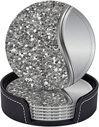 Silver Faux Glitter Glam Bling,Round Coasters, Mugs Pad, Cups Mat Set of 6 Leather Drinks Coasters with Holder