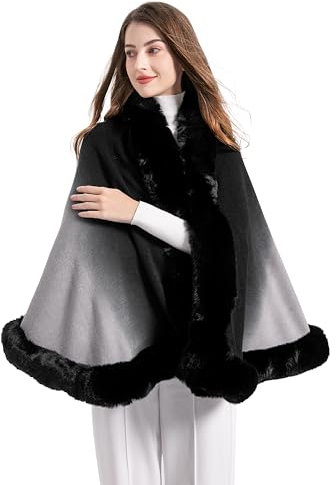 ZLYC Damen Winter Kunstpelz Poncho Cape Strick Schal Stola Warm Cardigan(Dip Dye Schwarz)